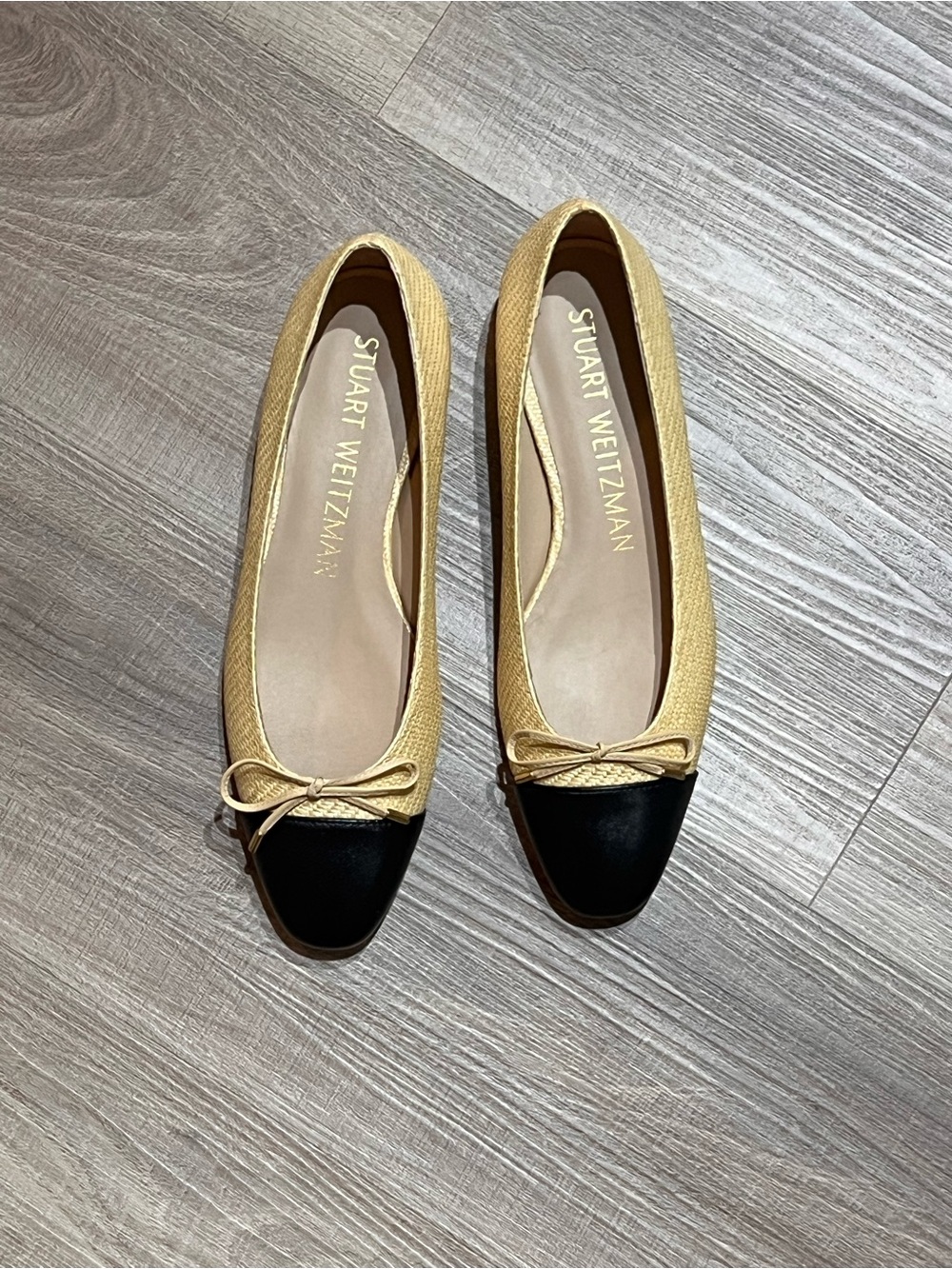 Stuart Weitzman Two-Tone Yellow Raffia and Black Cap-Toe Ballet Flats